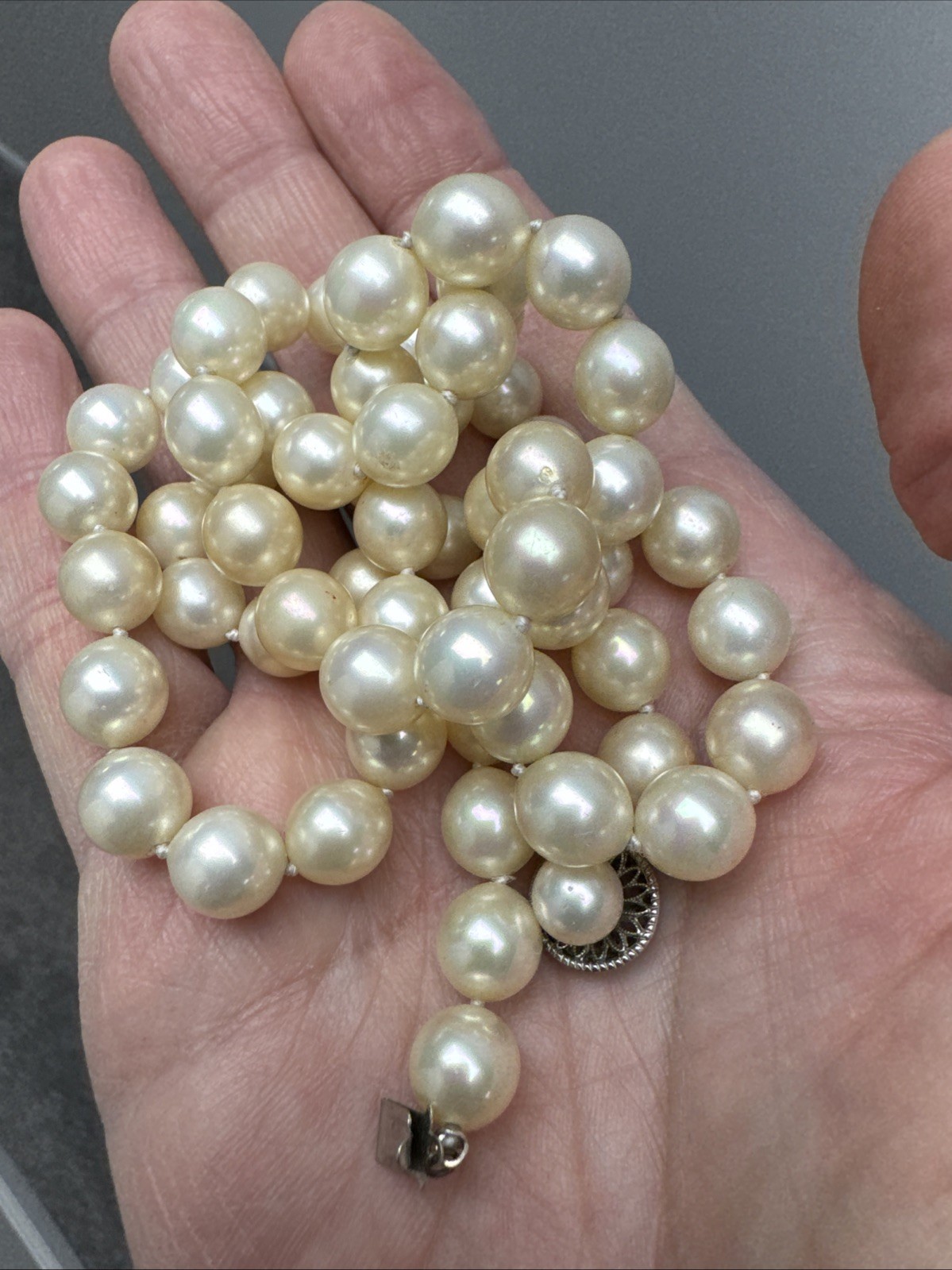 Vintage 1950s Hand Knotted Faux Pearls With Decorative Sterling Pearl Clasp 92 G