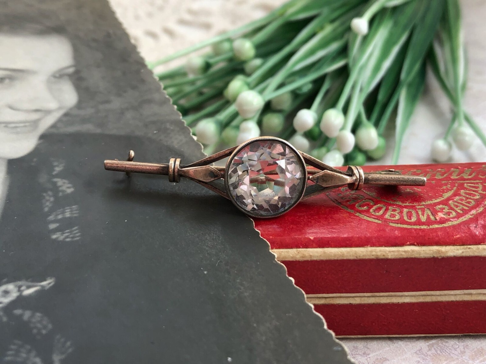 Estate Jewelry Soviet Vintage Brooch Gilt Sterling Silver 875 Rock Crystal USSR