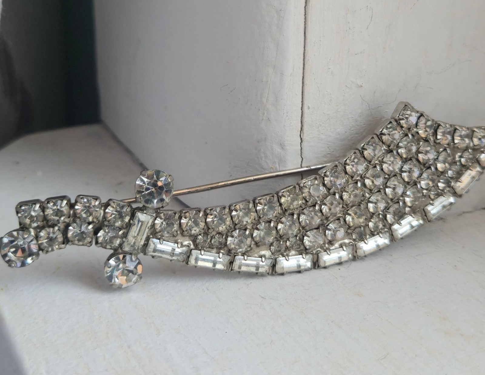 Vintage Crystal brooch Sword or scarf pin glass Rhinestone jewelry elegant gift