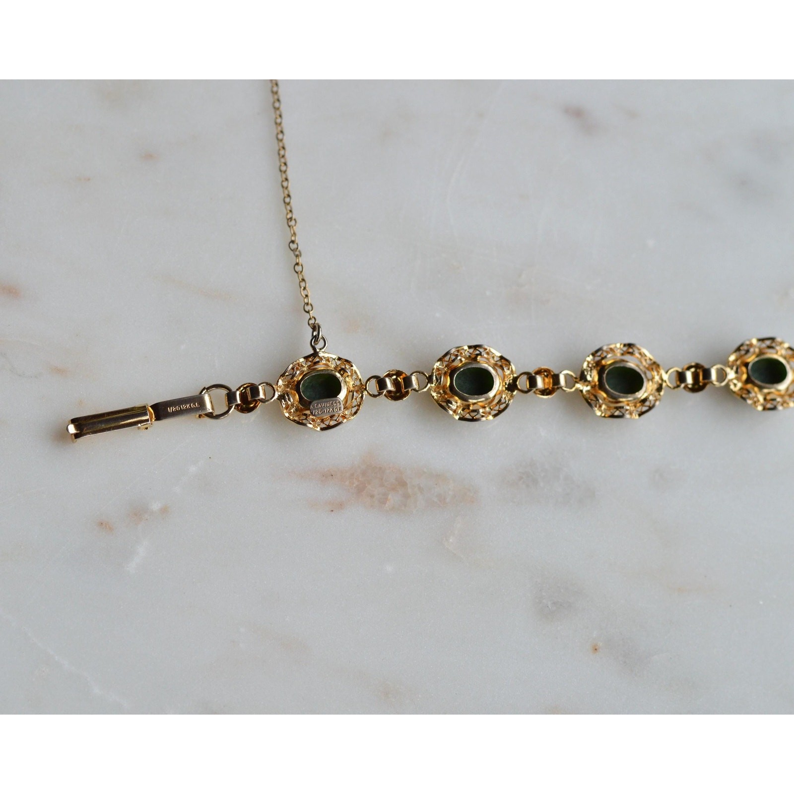 Vintage Alice Caviness Jade Bracelet | 12K Gold Filled Filigree Link | Signed