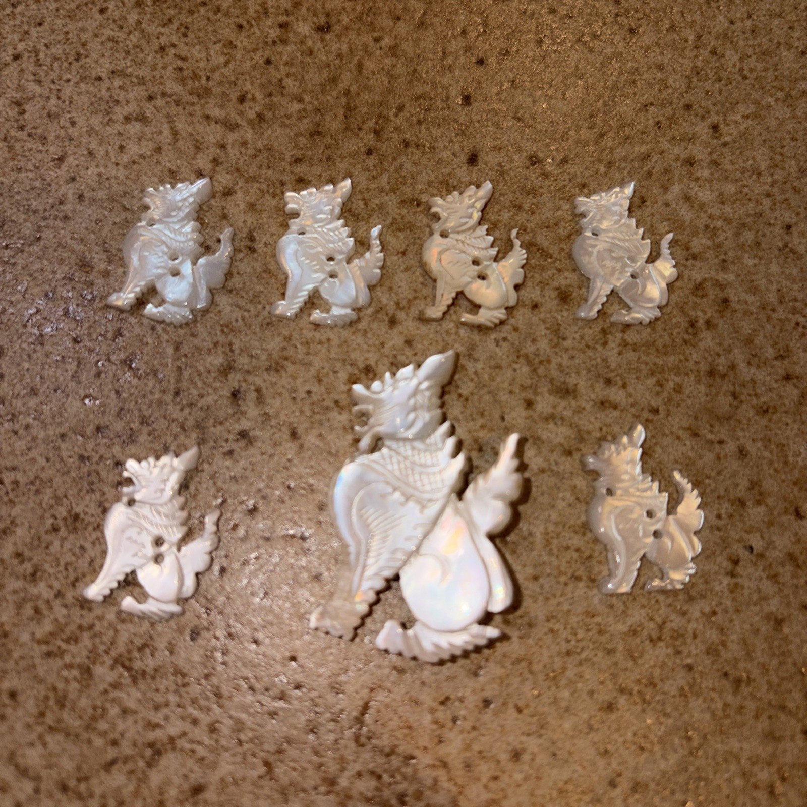 7-Qty Carved Mother Of Pearl Vintage Foo Dog Lion Brooch Pin Buttons MOP