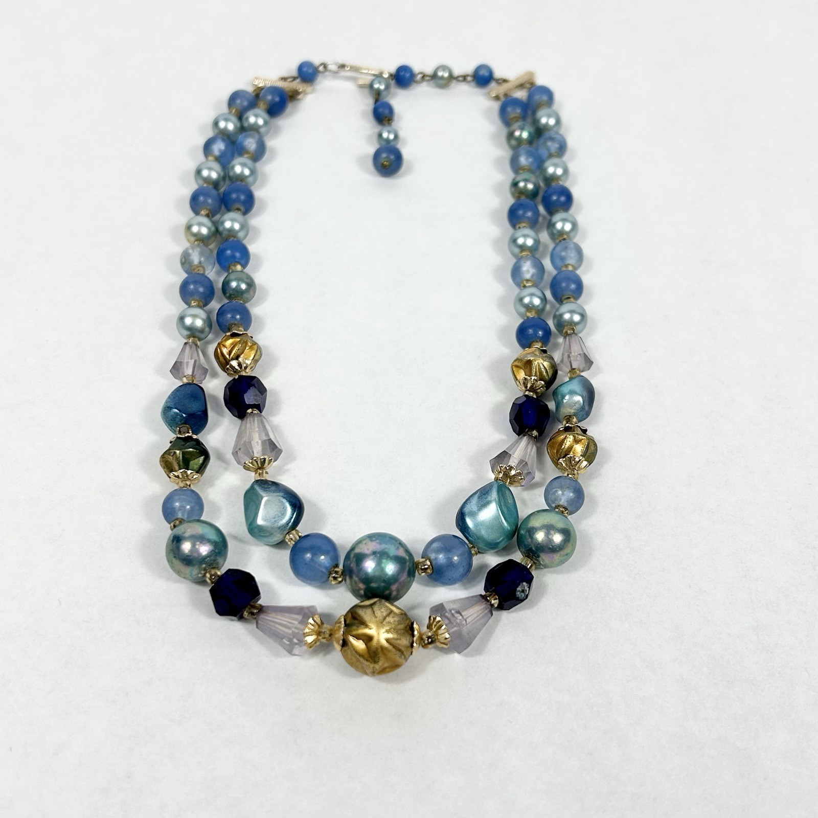 Vintage JAPAN Double Strand Blue Bead Necklace 17.5” Faux Pearl Acrylic Glass