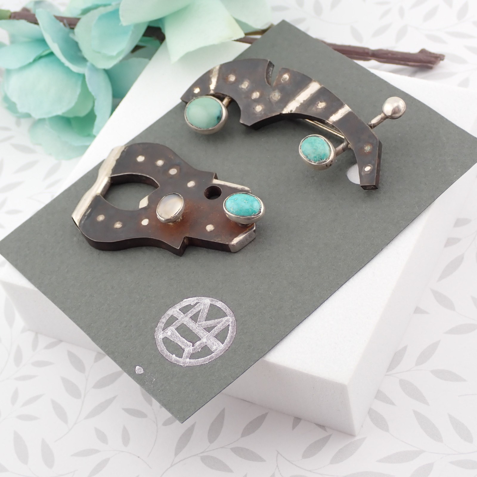 VTG Abstract Modern Sterling Silver Mixed Metal Turquoise Quartz Pin Pendant Set