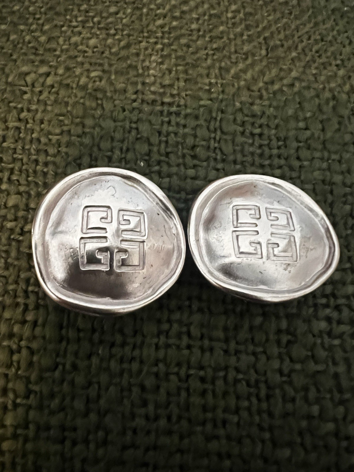 Vintage 80s Givenchy Clip On Earrings 4G Logo OLD MONEY Signed Satin Silver Tone