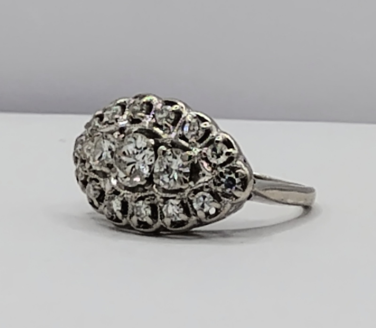 $7,500 1.00ctw ANTIQUE 3-STONE HALO WOMANS 14K WHITE GOLD THREE ROW DIAMOND RING