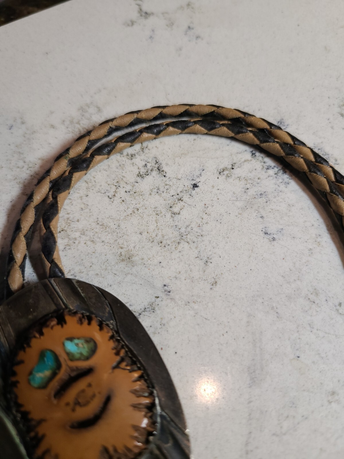 Native American Bolo Tie AMAZING DETAIL Metal and Nut Shell Turquoise Eyes EUC