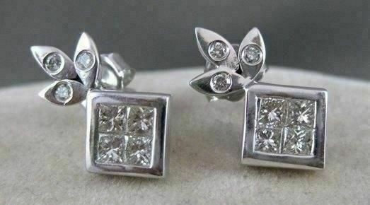ESTATE 1.02CTW PRINCESS DIAMOND 14K WHITE GOLD HANGING EARRINGS F/G VVS/VS #3553