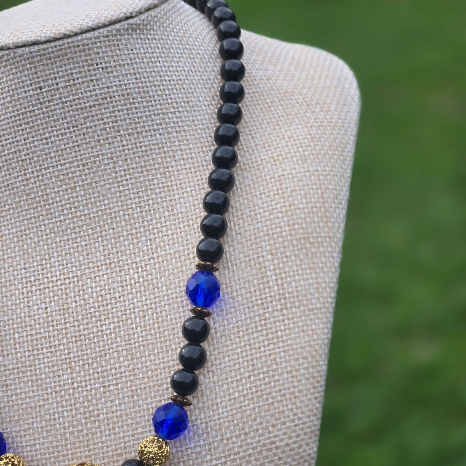 Vintage 1928 Necklace Black Blue Glass Beads Gold Tone Filigree Victorian style