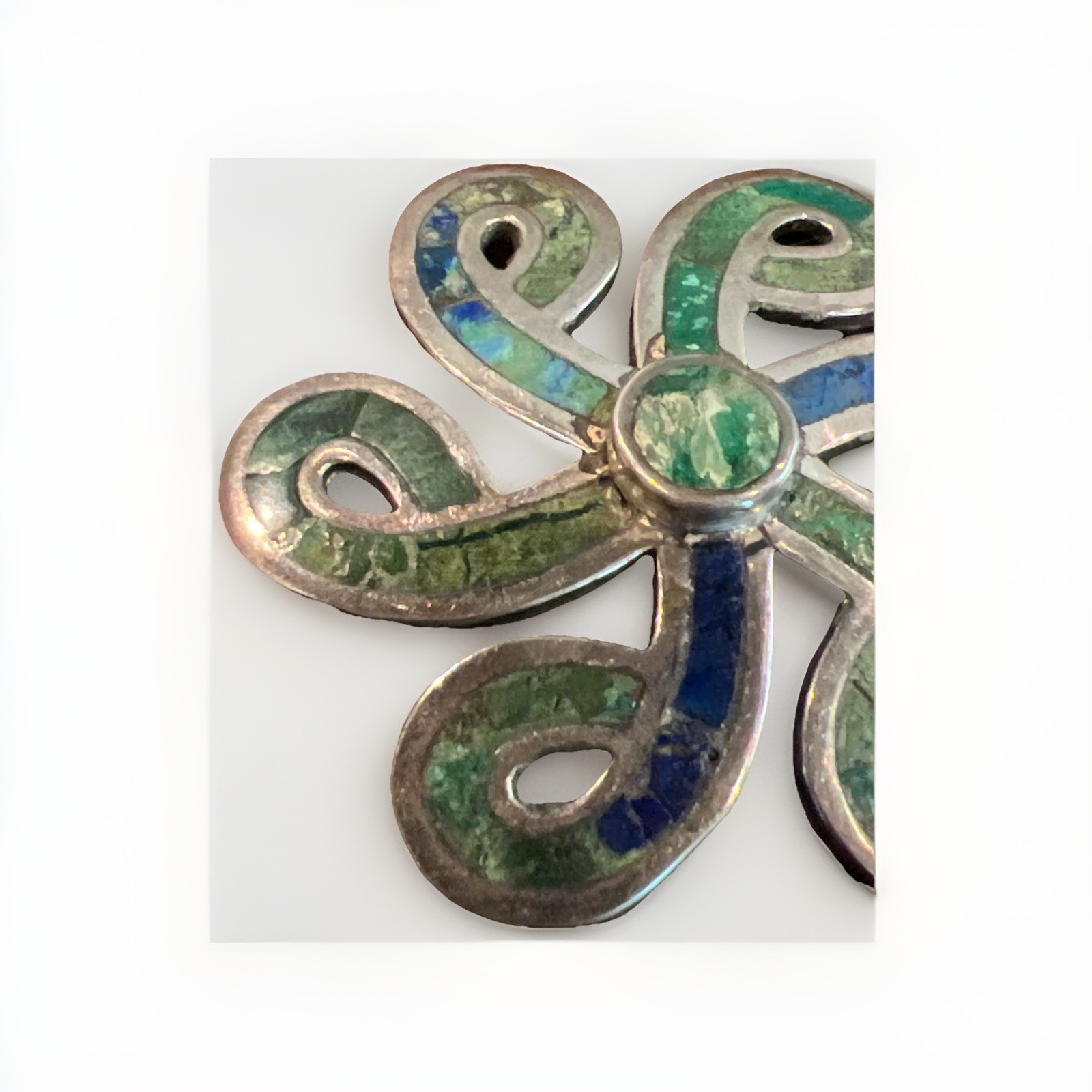 Taxco Sterling Silver Los Castillo Turquoise Malachite Lapis Swirl Brooch Pin