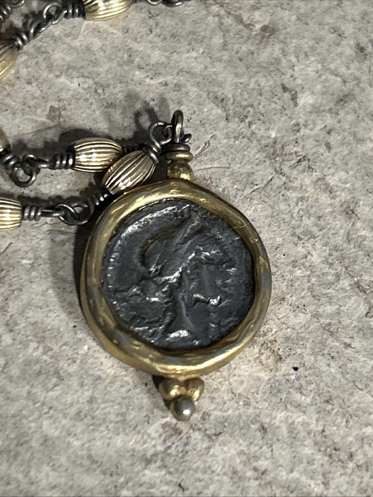 56. Vintage G.F. 925 chain Ancient Coin Replica Statement Necklace 22+”, 6.9g