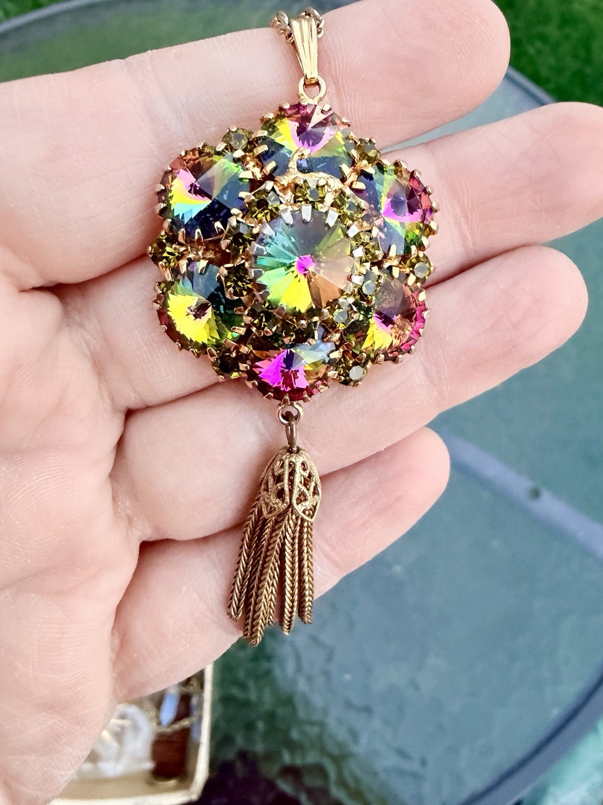 Vtg Juliana Watermelon Heliotrope Rivoli Tassel Pendant Necklace