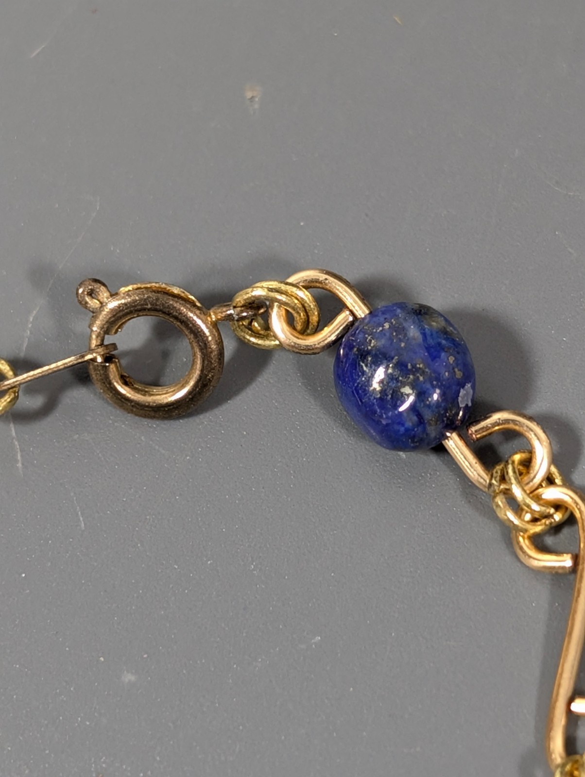 Vintage Blue Stone Bead Gold Tone Curved Bar Chain Tennis Bracelet 7.25 in