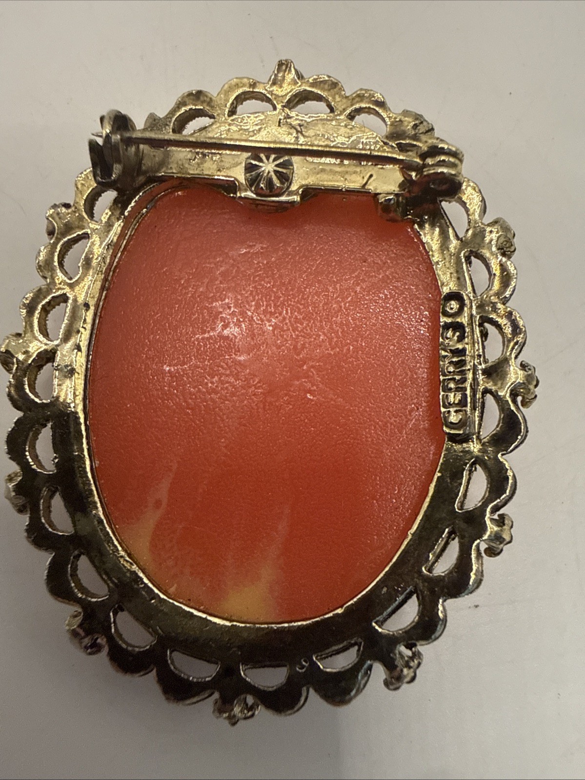 Vintage Gold Tone Cameo Woman Brooch Pin Cream Lady on Orange Back Signed Gerrys