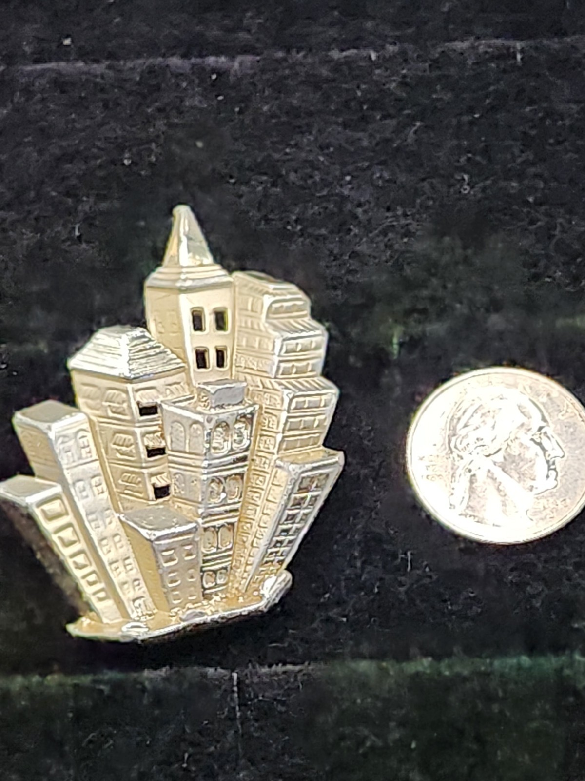 Vintage AJC City Skyline Brooch Gold Tone Urban Buildings Art Deco Style Pin