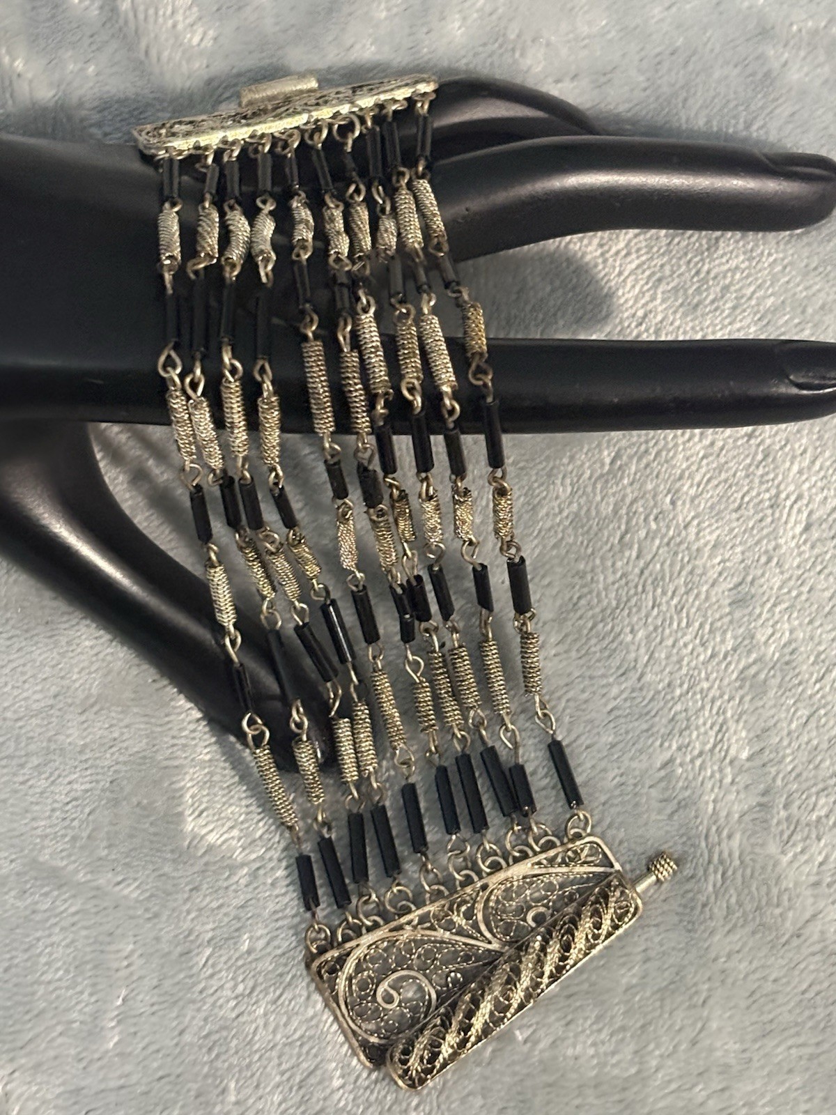Vintage Multi Strand Wire Wrap Bracelet Filigree Black Tube Bead Metalwork 6.4”