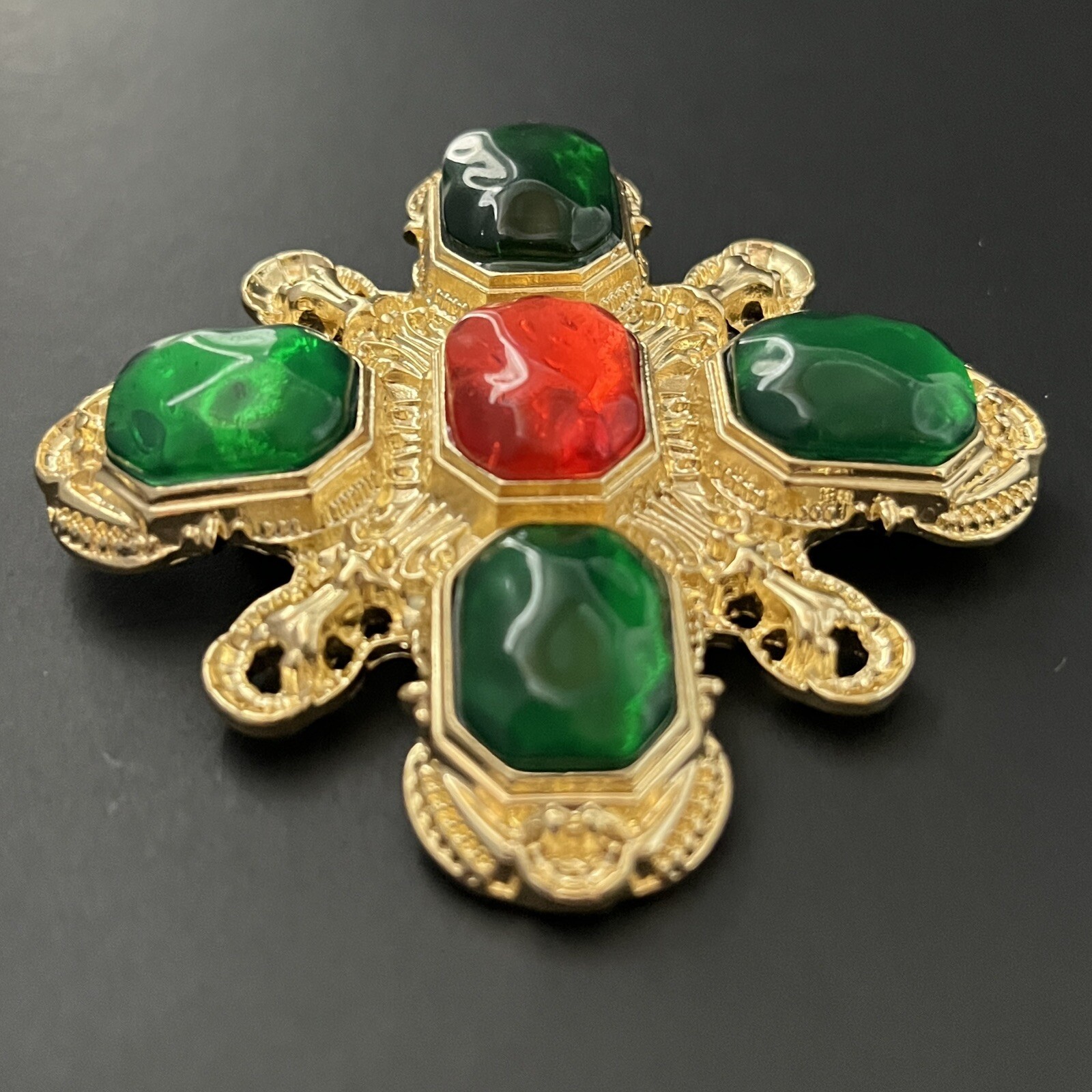 Gripoix Style Poured Resin Maltese Cross Brooch Pin Gold Red Green Ornate