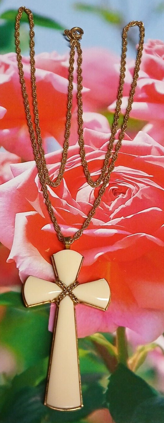 Vintage 1980’s Avon Faux Ivory and Gold Tone Cross Pendant Necklace