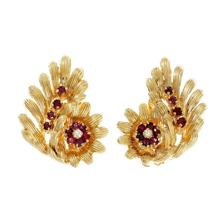 Vintage 1950 Vivid Red Natural Ruby Earrings 14k Yellow Gold Clip Post Diamond