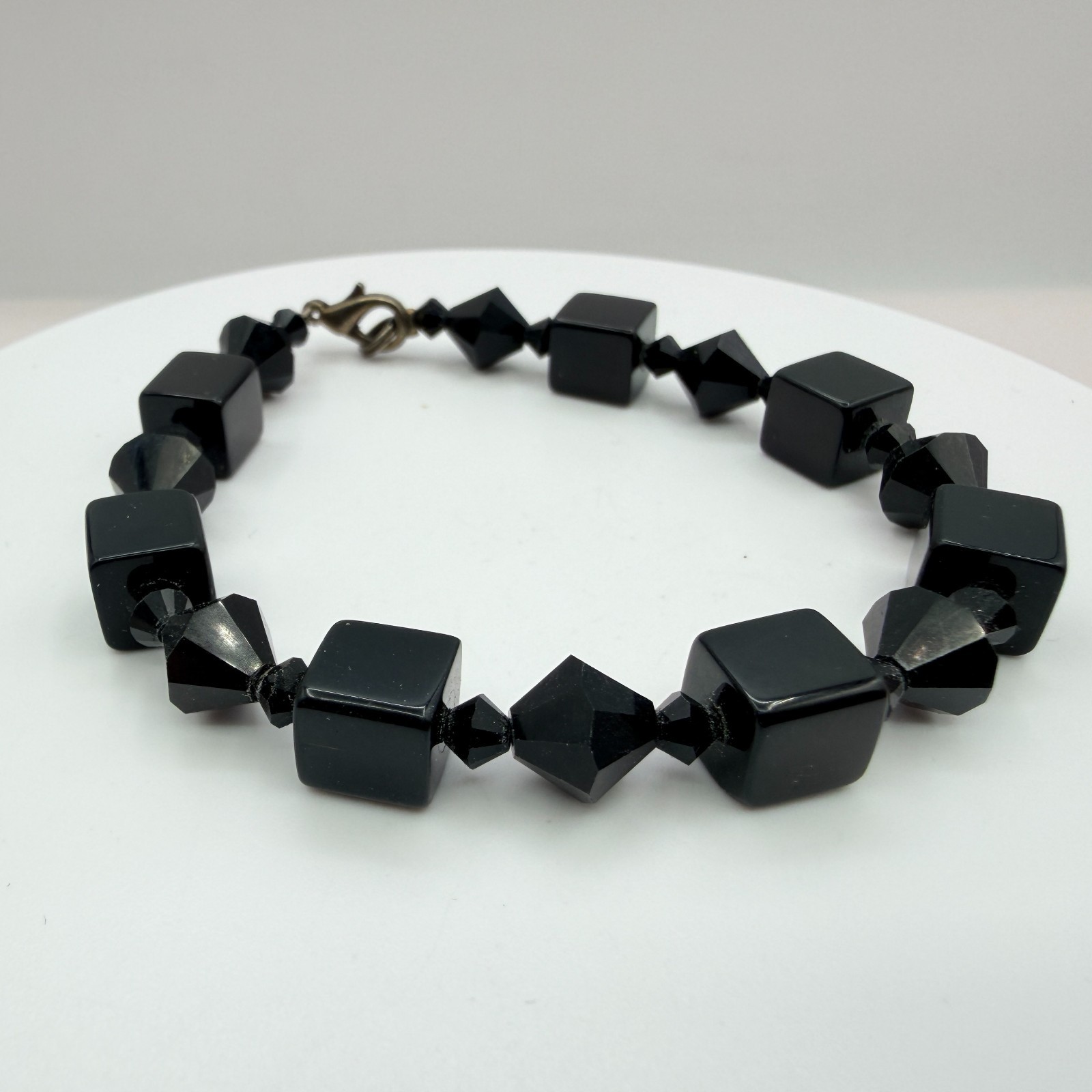 Vintage Black Beaded Bracelet Dangle Earrings Set Gunmetal Tone Geometric Goth