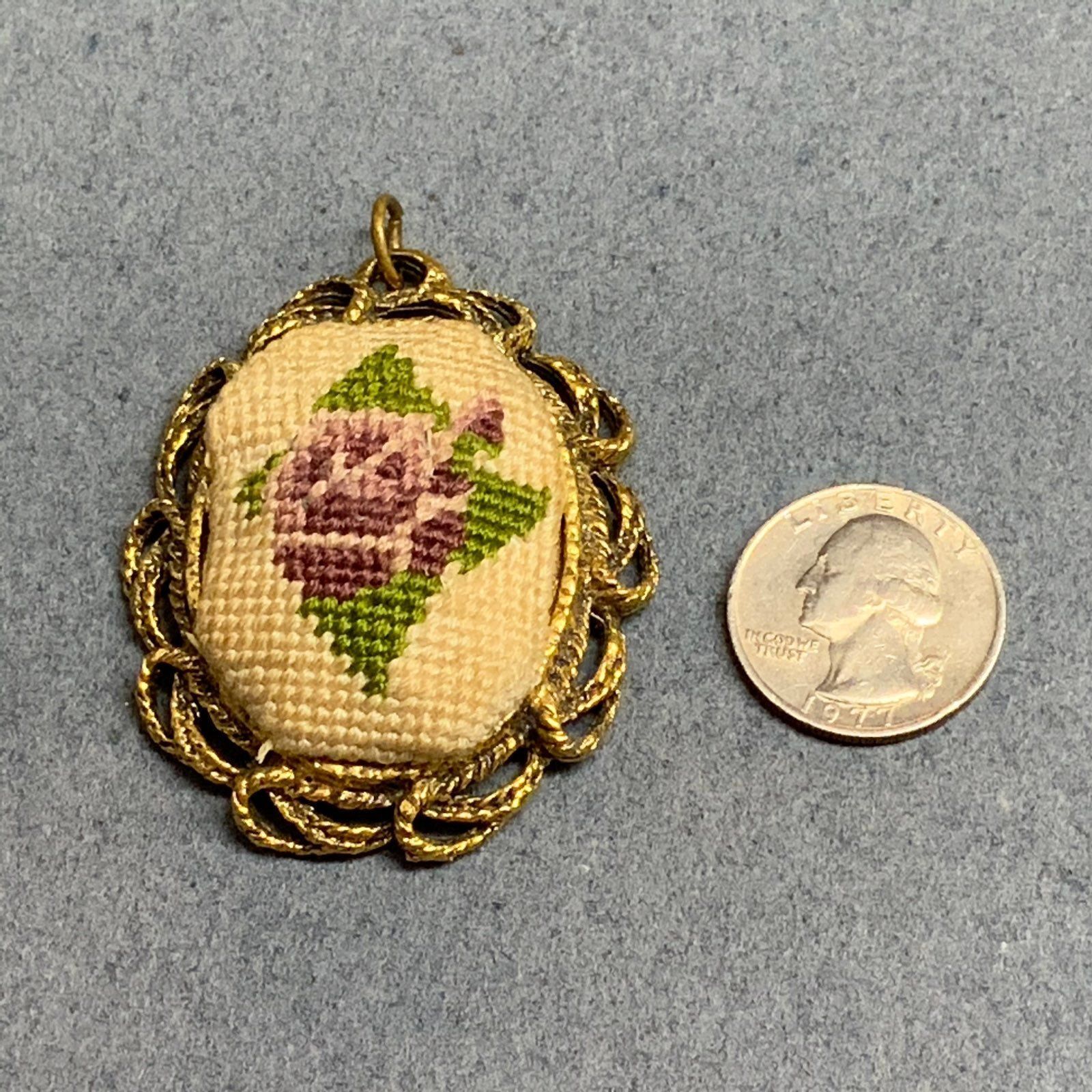 Vintage Needlepoint Mirror Pendant As Is Retro Gold Cream Purple Green Flower