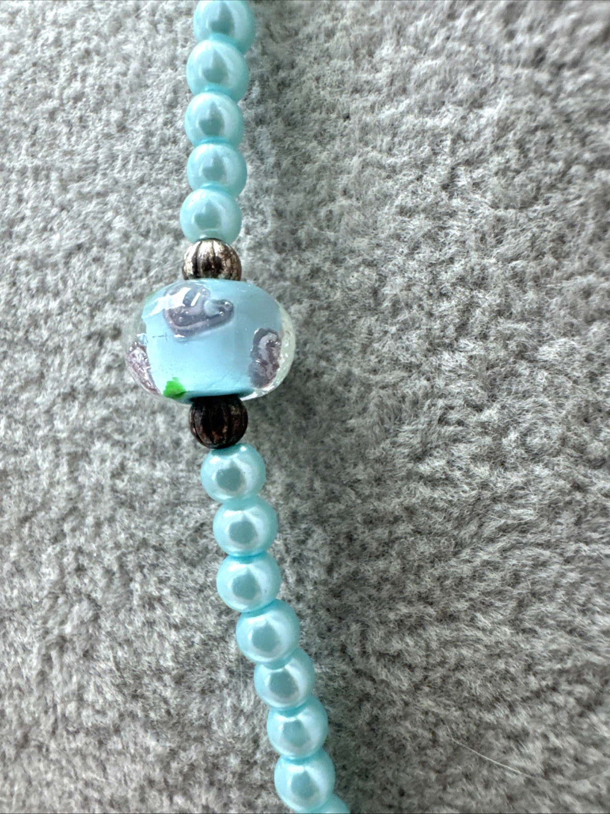 Vintage Light Blue Teal Gold Pearlescent Murano Art Glass Rose Beaded Necklace