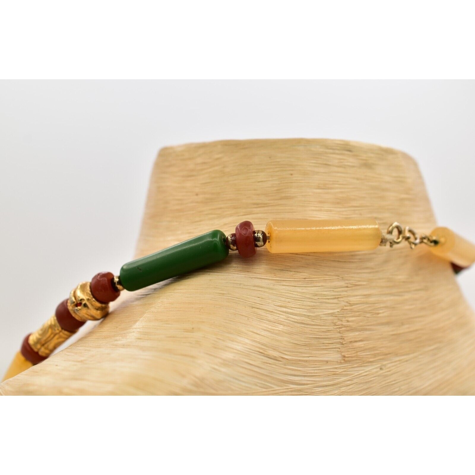 Vintage Beaded Necklace Brushed Gold Green Red Clay Tribal Chunky 1970s BinBN