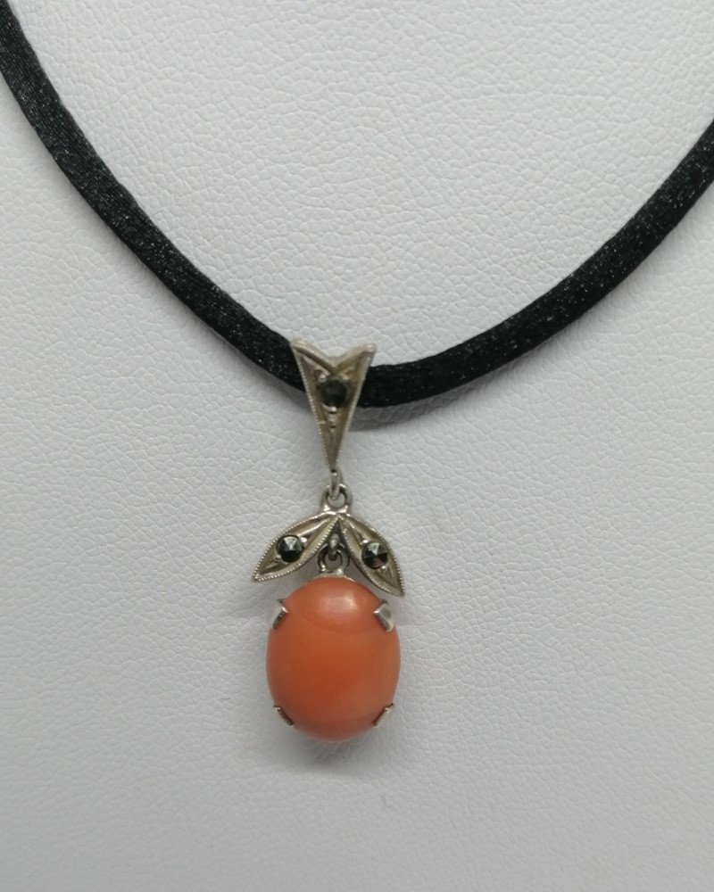 Antique French 800 Silver Pendant with Marcasite Stones and Coral Cabocho c.1920