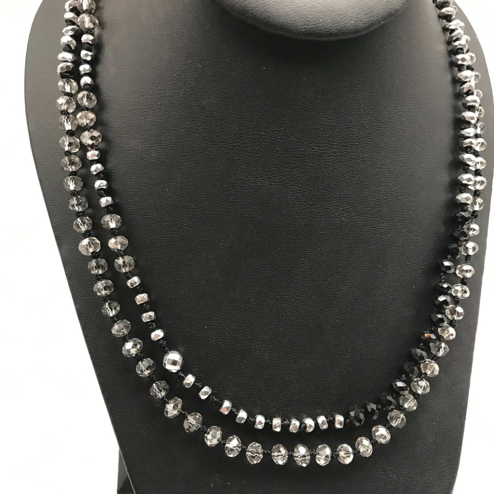 Vintage Clear Crystal Black Faceted Glass Beaded Long Hand Knot Strand Necklace