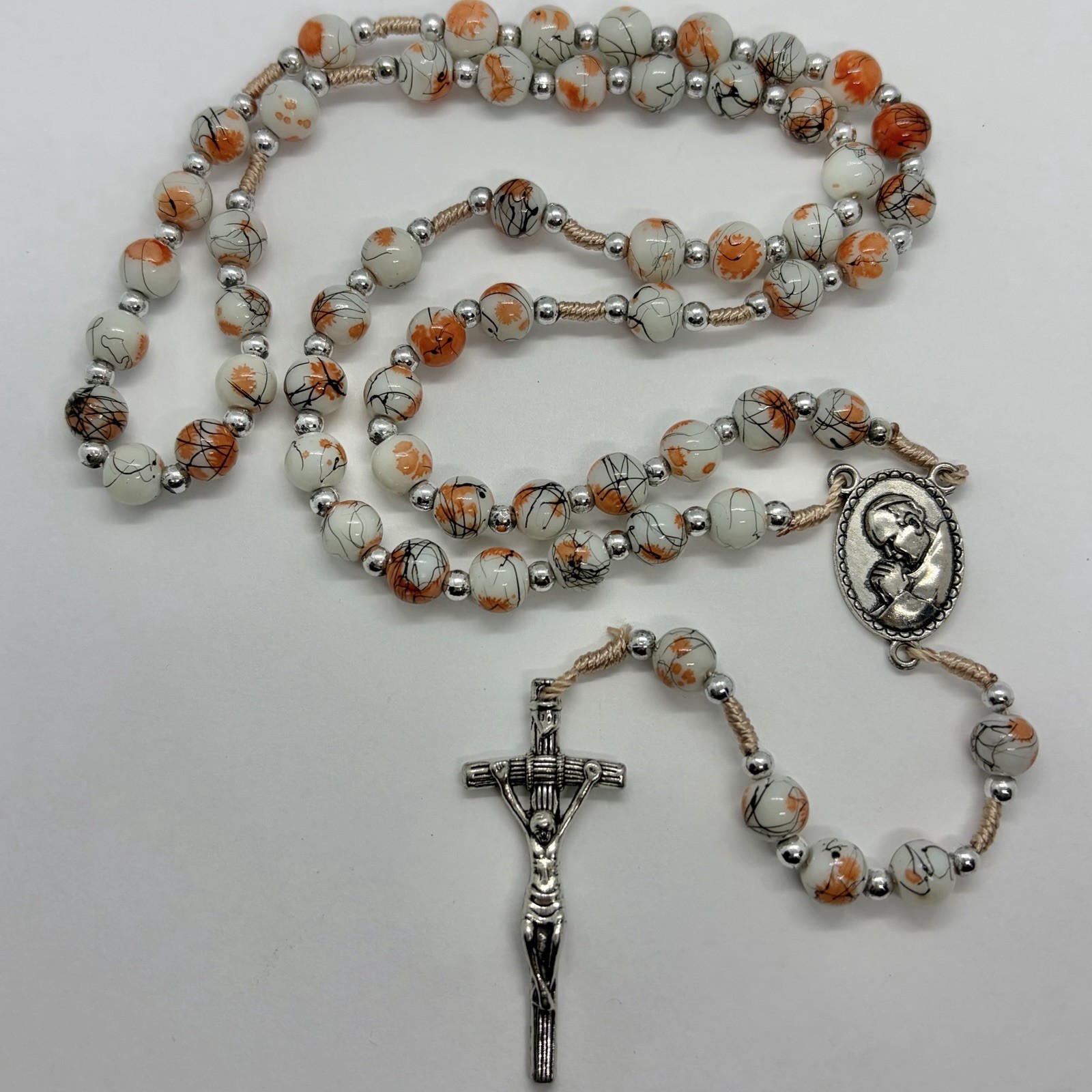 Vtg Catholic Religious Orange Rosary Glass Beads Necklace Silvertone Prayer