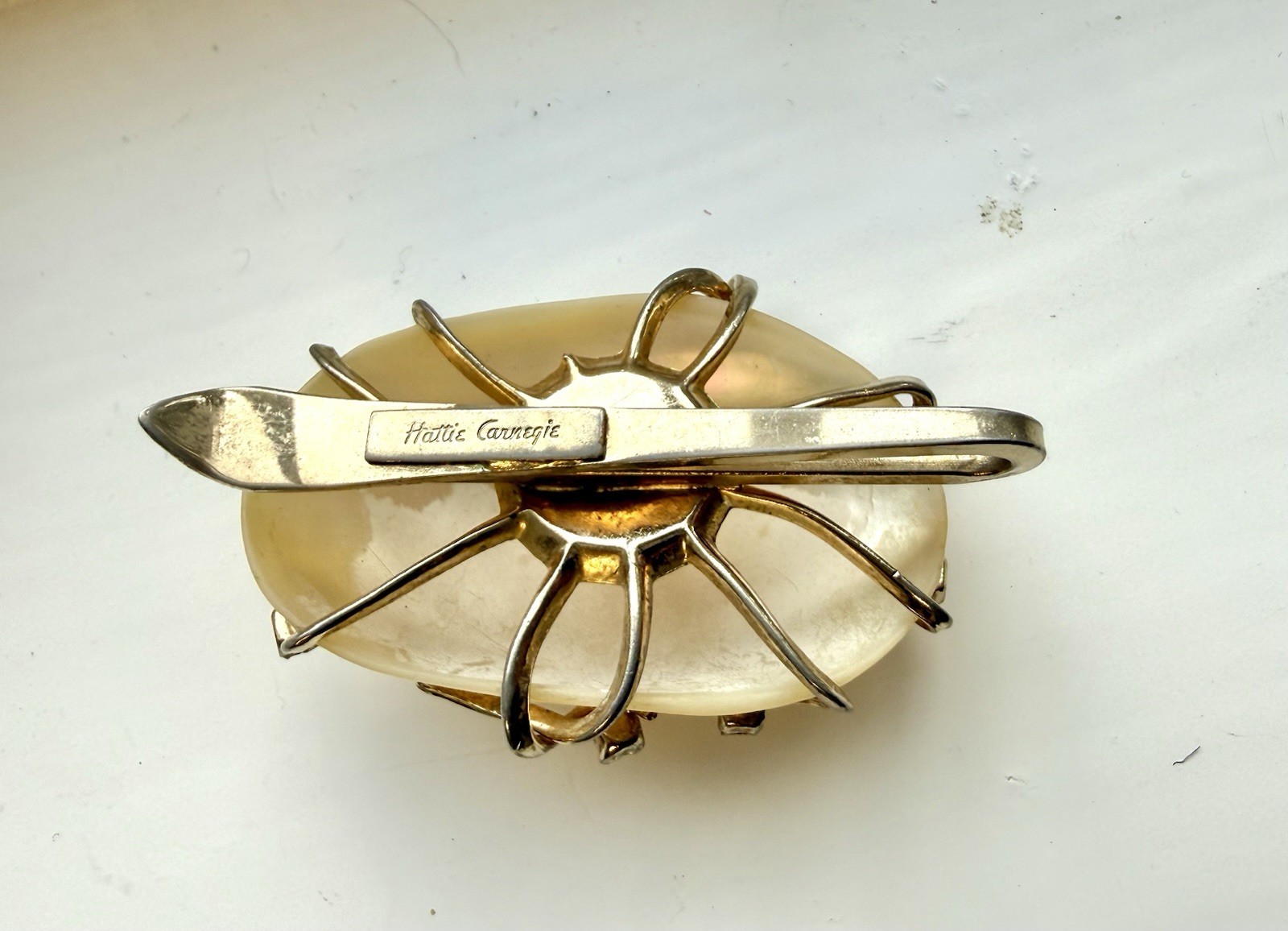 Signed Hattie Carnegie Vintage Fur Clip Faux MOP Shell Rhinestone Gift