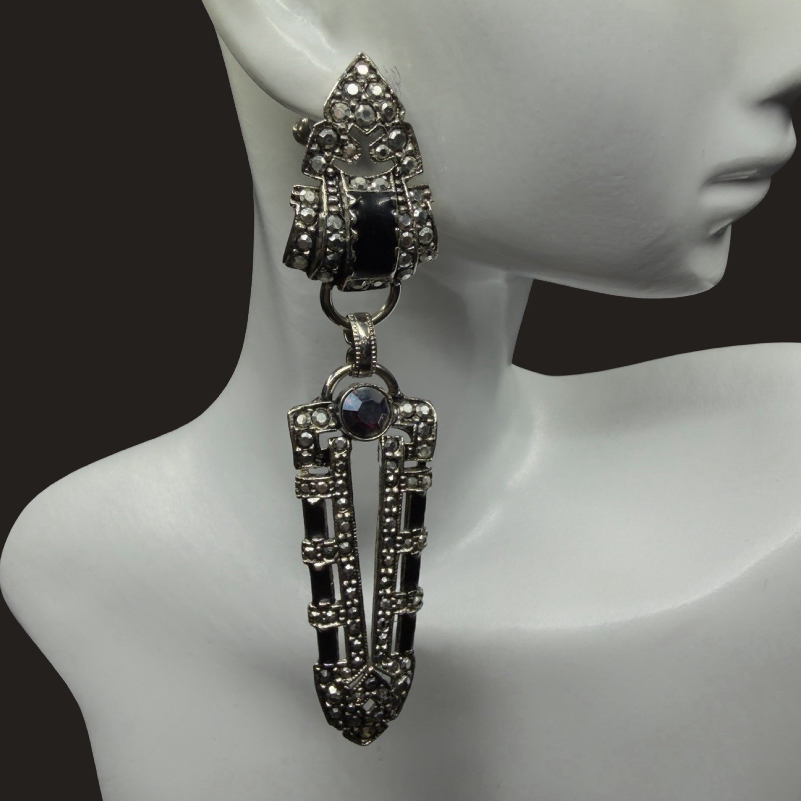 Vintage Signed▪️ KIRKS FOLLY Black Marcasite ART DECO Rhinestone DANGLE Earrings