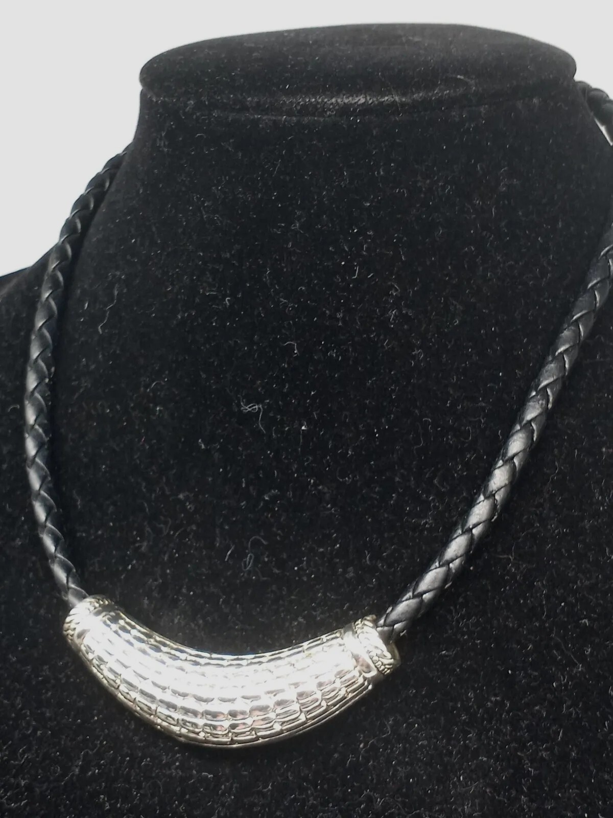 Vintage Choker Necklace Black Faux Twisted Leather Cord Silvertone Metal Pendant