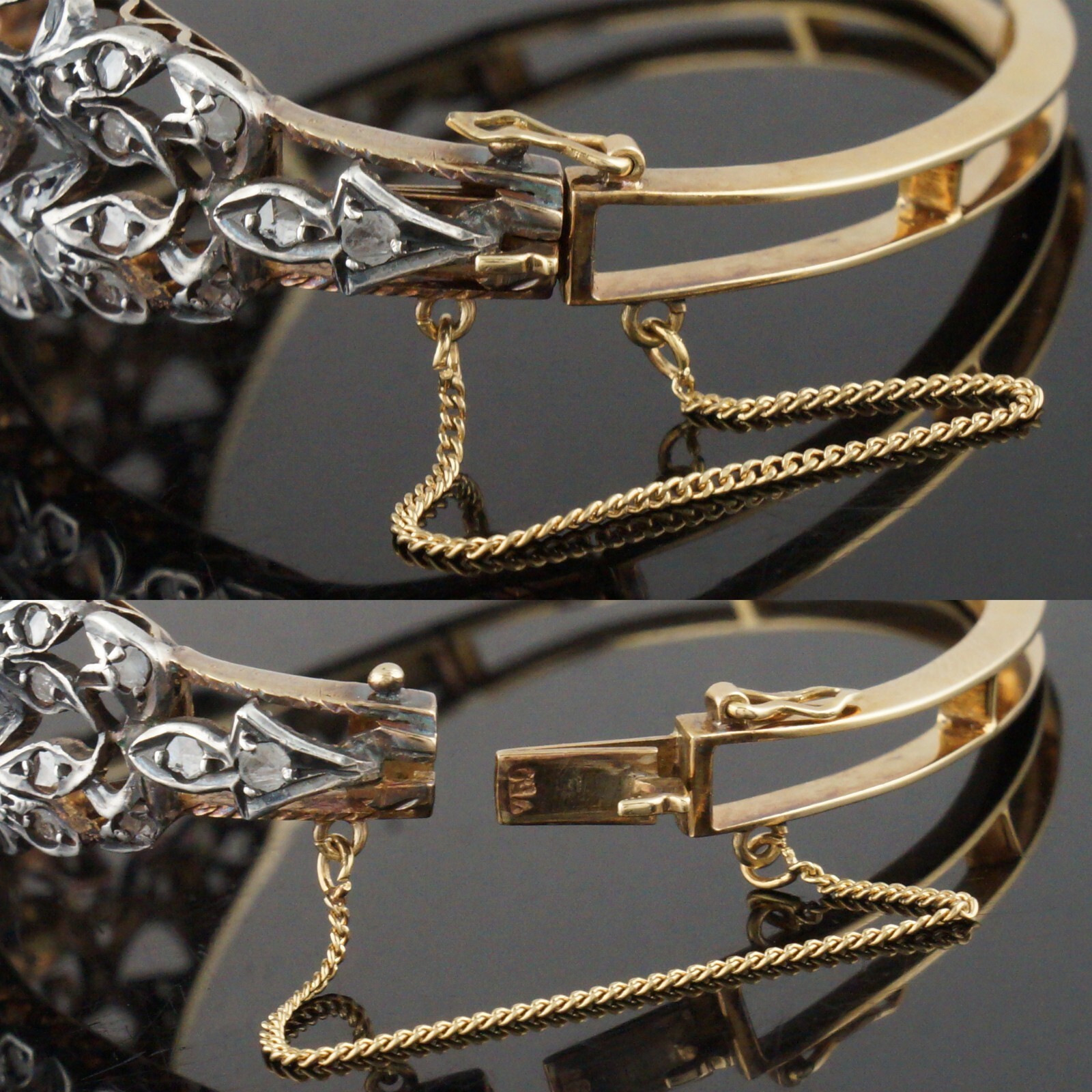 c1880 Solid 18K Yellow Gold, Silver, Rose Cut Diamond & Sapphire Bangle Bracelet
