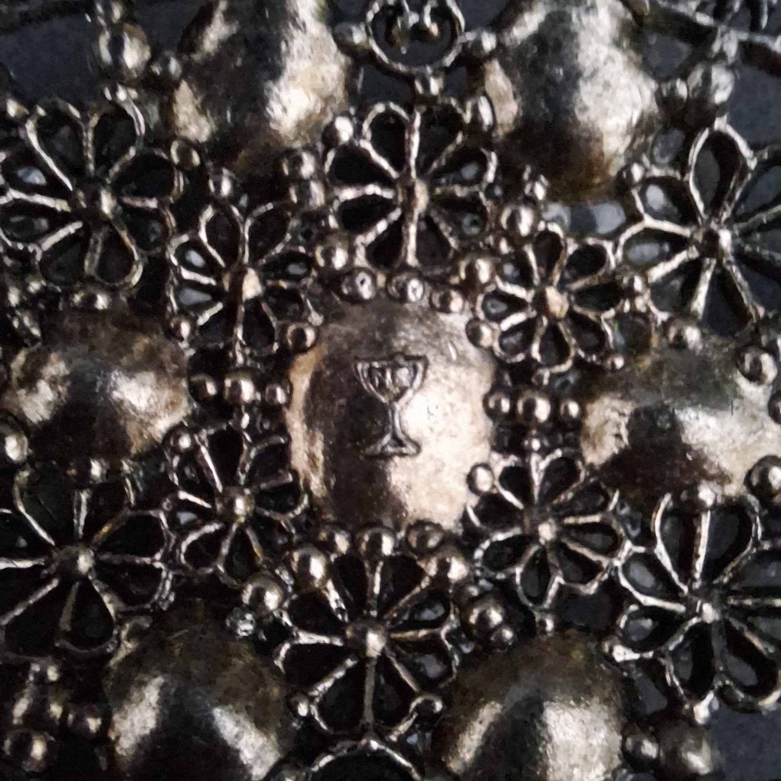 New England Glass Works Brooch Silver Tone Floral Filigree Czech Rhinestones VTG