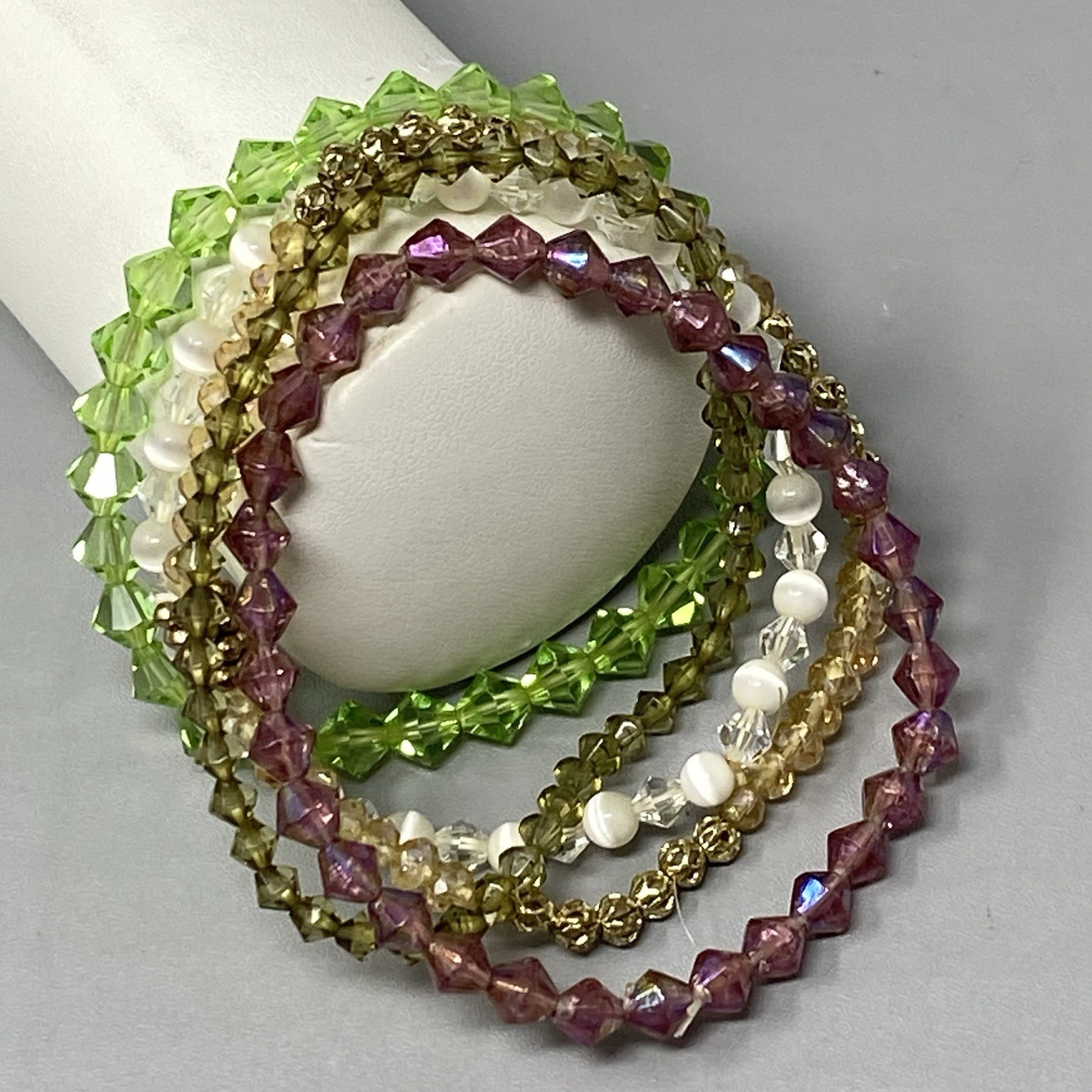 Glass Beaded Bracelet Lot (5) Purple Green White Stretch Mini Faceted Coated 6″