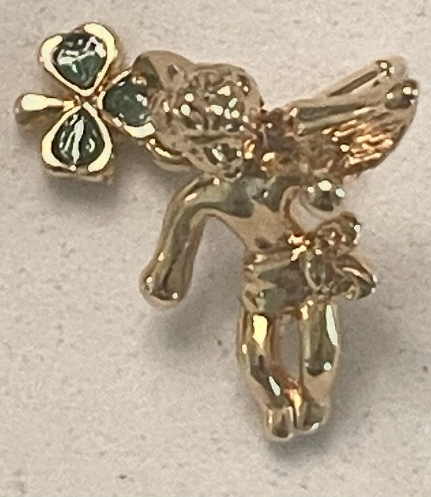 Pair of Vintage Sol D’or Golden Finish Cupid Green Enamel Clover Tie Pins ~ NIB