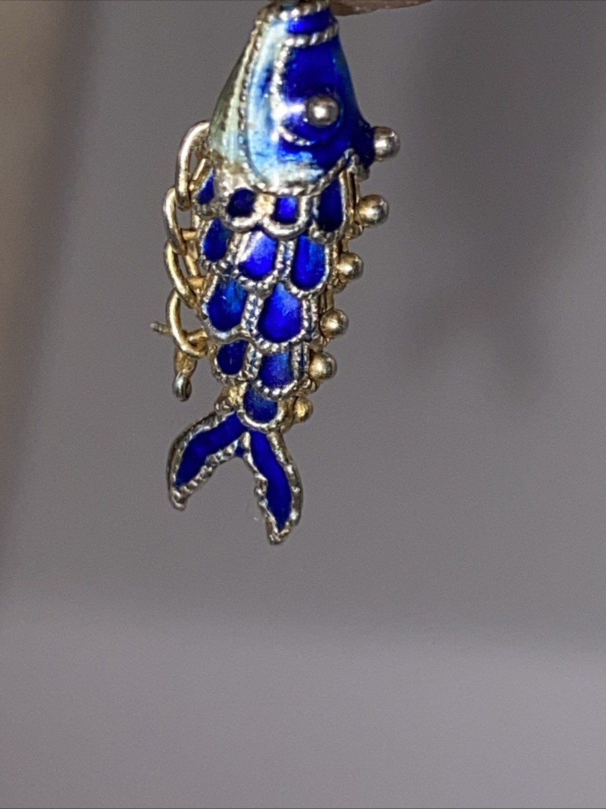 Vintage 2 3/4”Reticulated Fish Cobalt Blue/White Cloisonné Pendant
