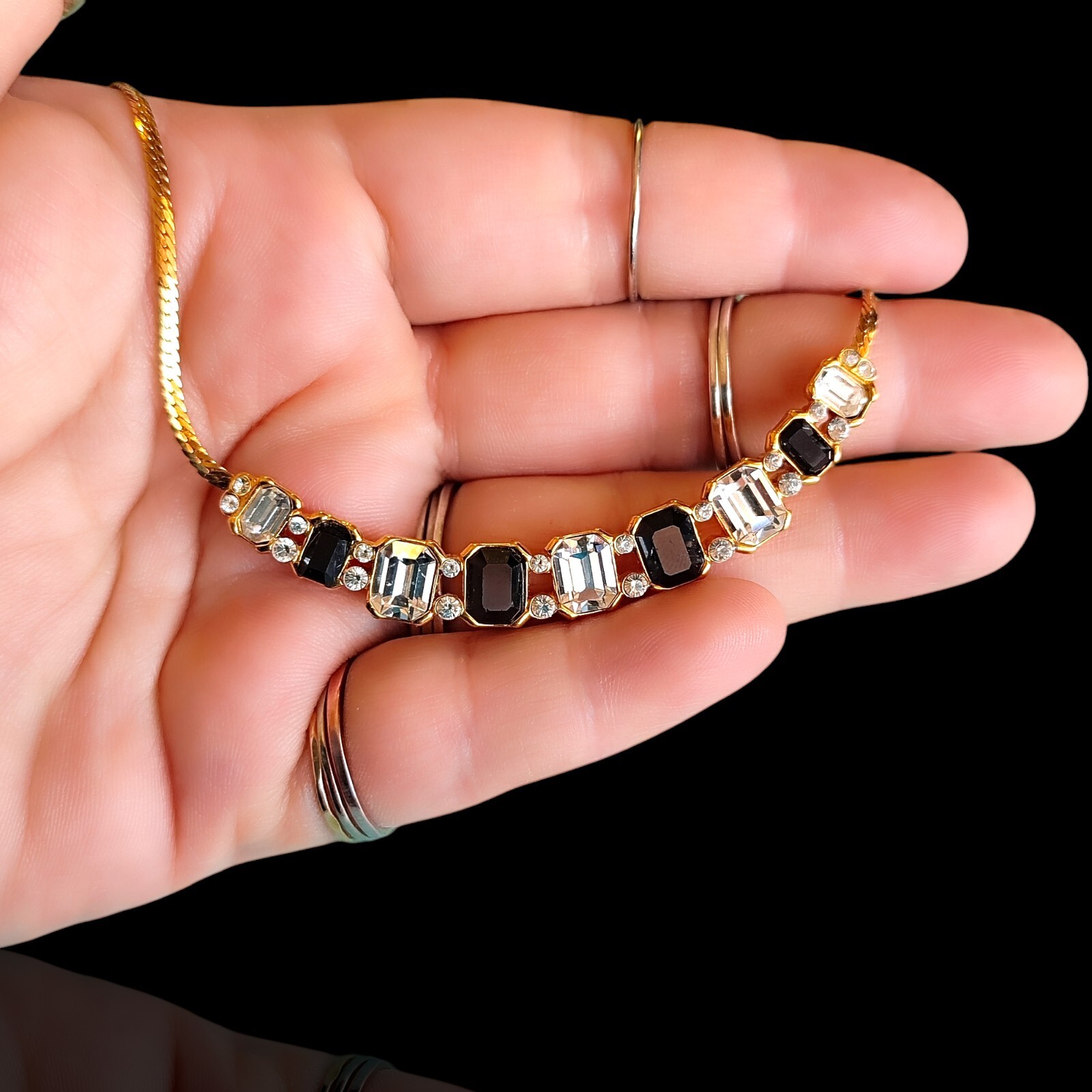 Vintage Black And Clear Glass Crescent Bar Herringbone Necklace 17.5in