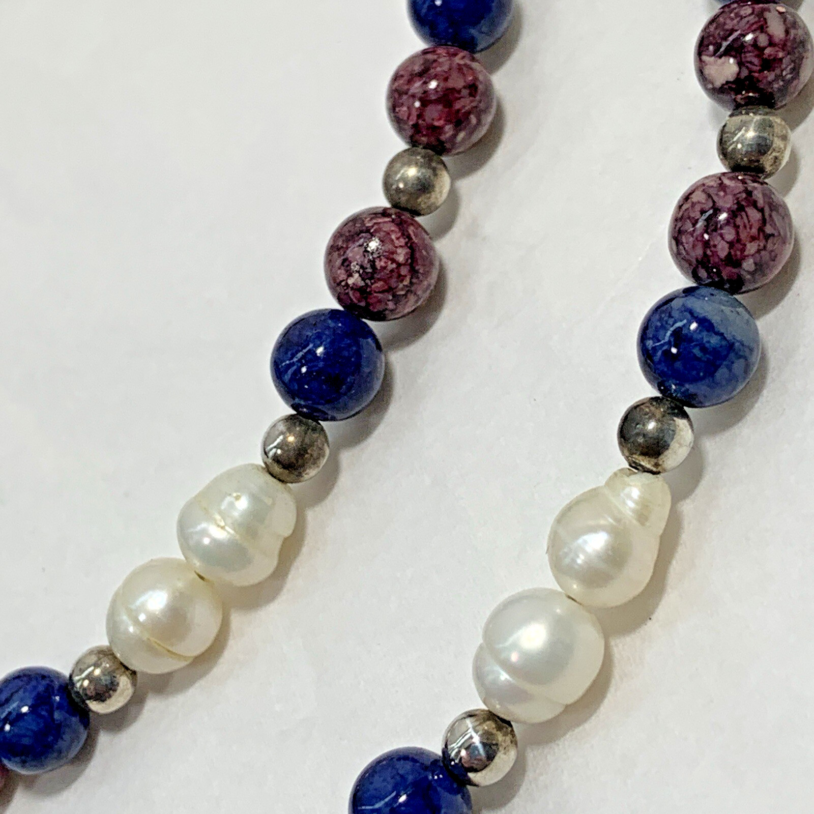 Vintage 925 Sterling Silver Freshwater Pearl Stone Bead Necklace Purple Blue 20″