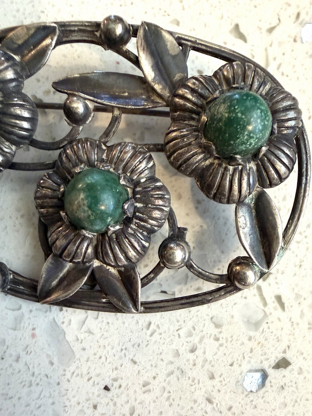 Vtg TAXCO 980 98% Sterling Silver MEXICO Chrysoprase Brooch Pin 1930-1940s RARE!