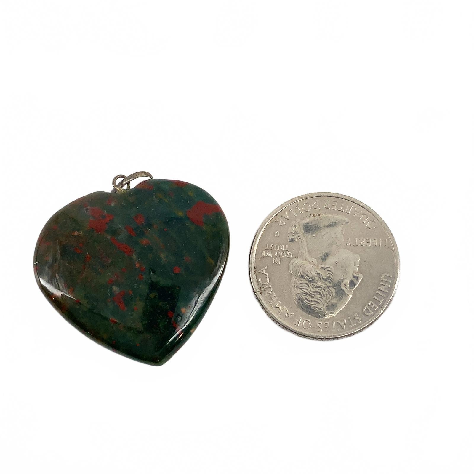 Vintage Bloodstone Jasper Heart Pendant Green Red Stone Silvertone Boho Charm