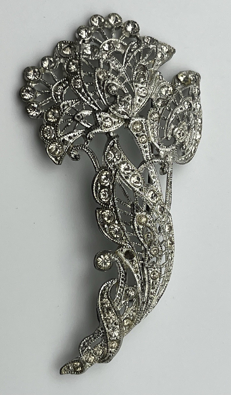 Vintage Signed New England Glass Works Silver Tone Brooch with Rhinestones