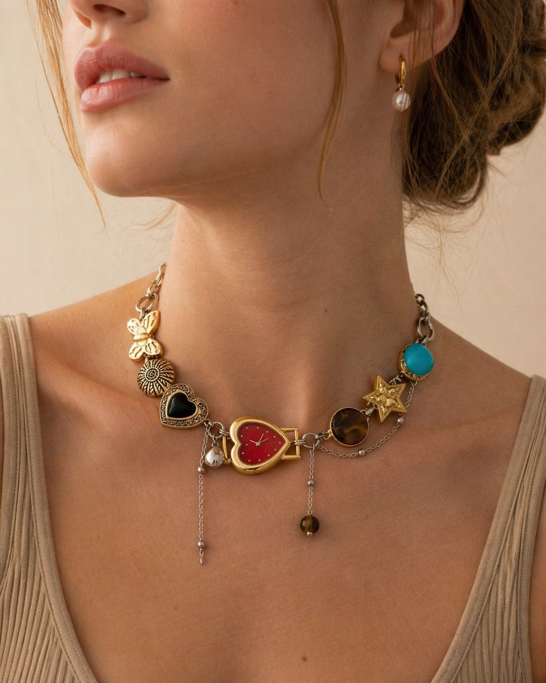 Vintage Gold Red Heart Shaped Faux Y2K Watch Choker Necklace