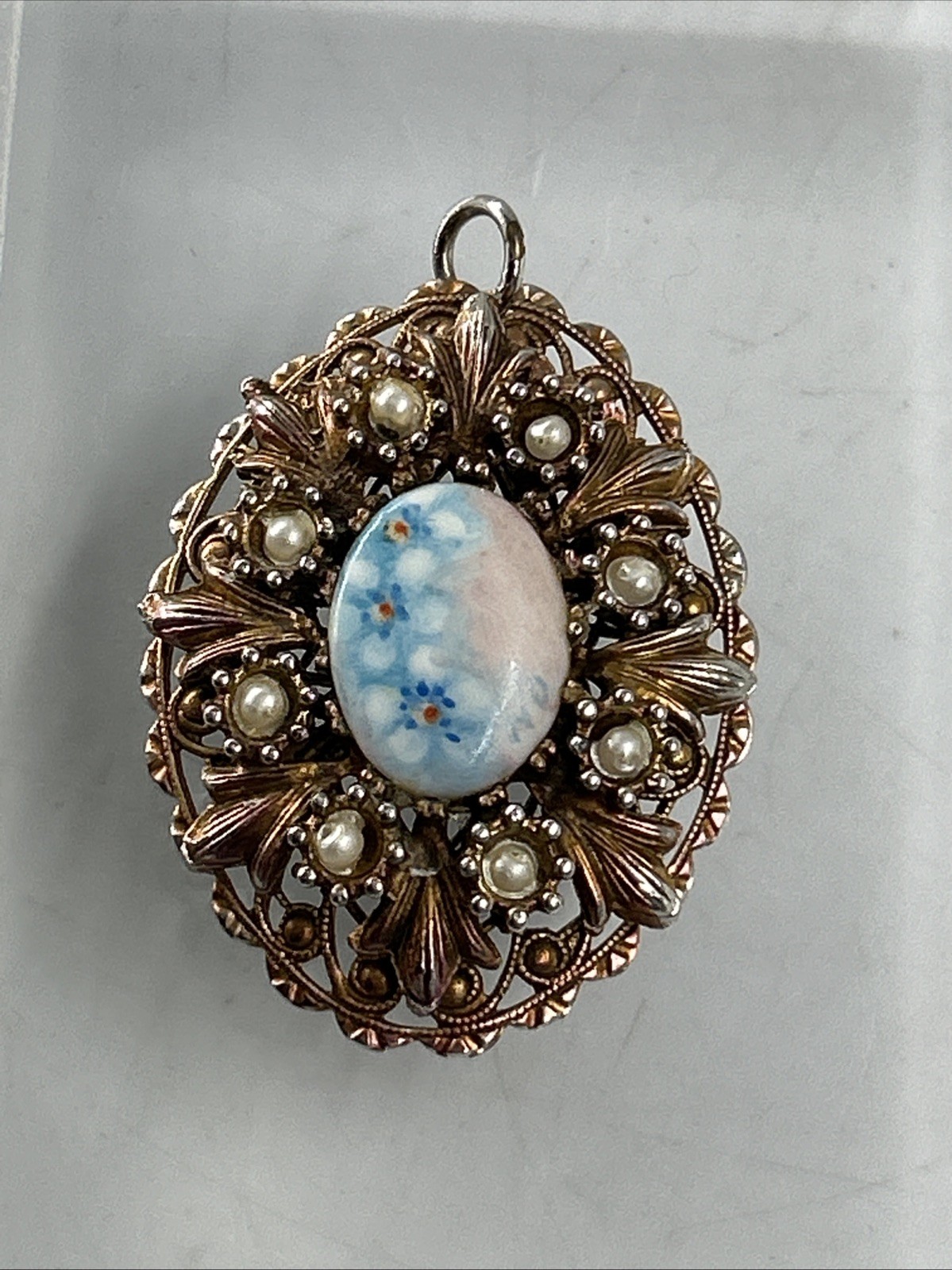 Vtg HandPainted Gold Tone Blue Flower Guilloche Enamel/Faux Pearl Enamel Pendant