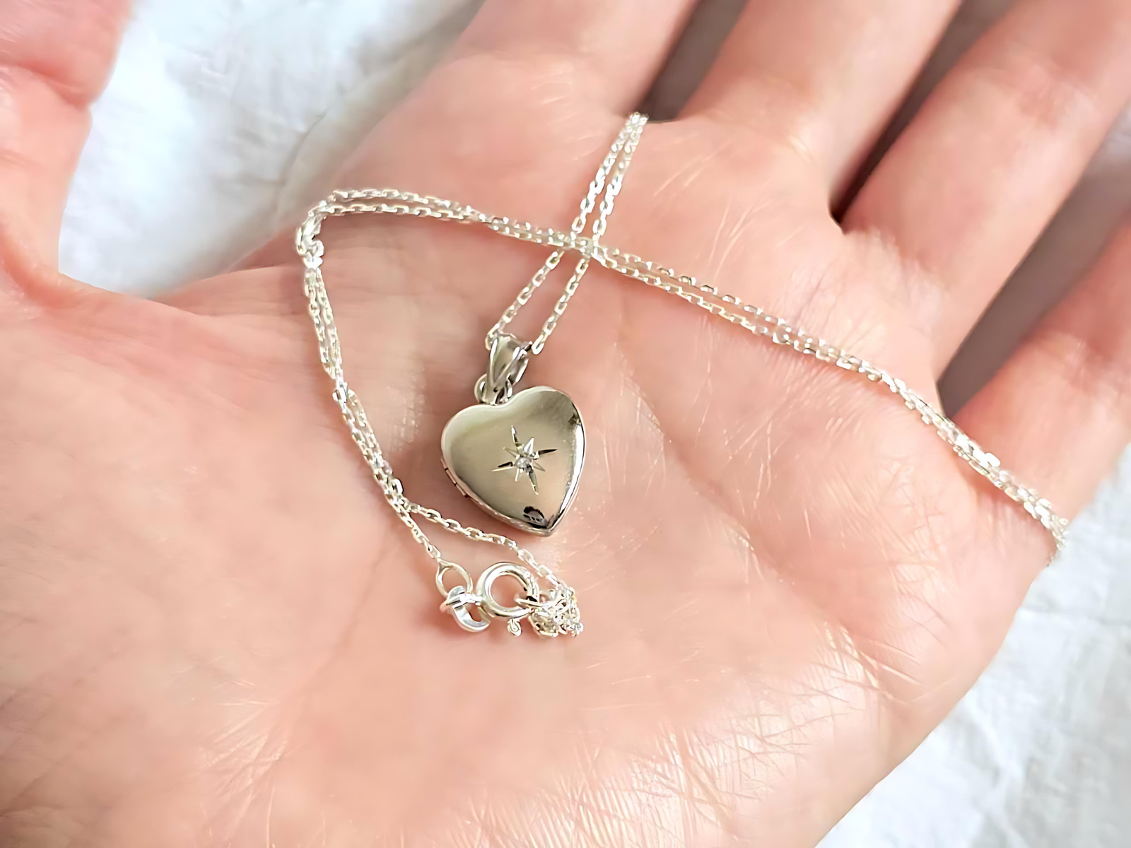 925 Sterling Silver Tiny Dainty 1/2 inch Diamond Heart Locket Pendant Necklace