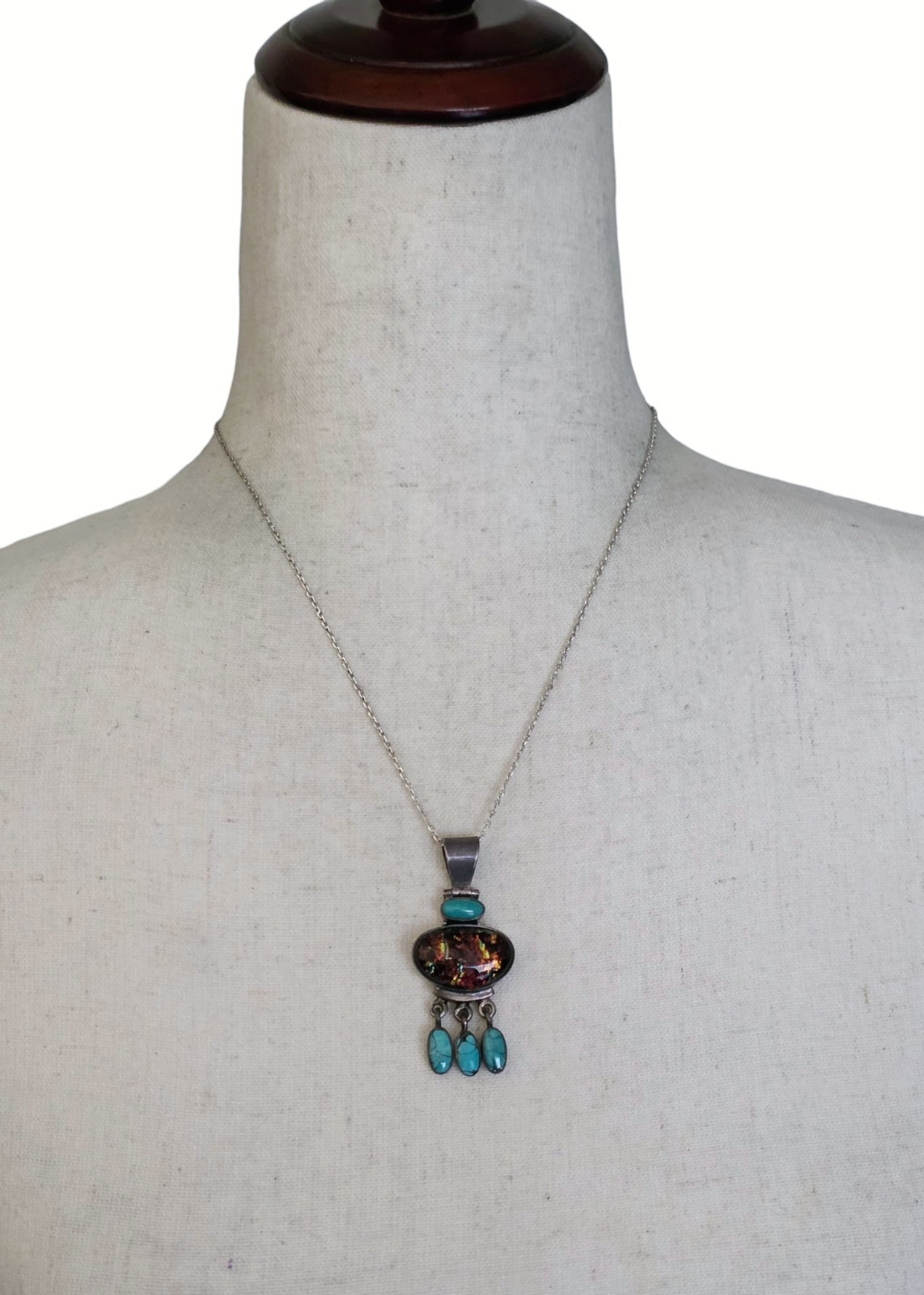 Vtg 925 Sterling Silver Dichroic Glass Turquoise Pendant Necklace Southwestern