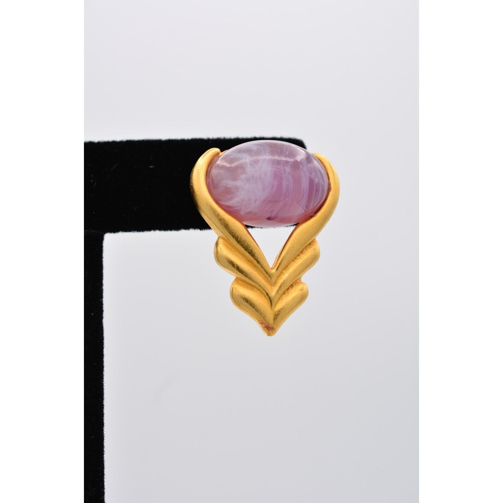 Vintage Cabochon Earrings Purple Marbled Lucite Brushed Gold Dangle Drop 90s 9L
