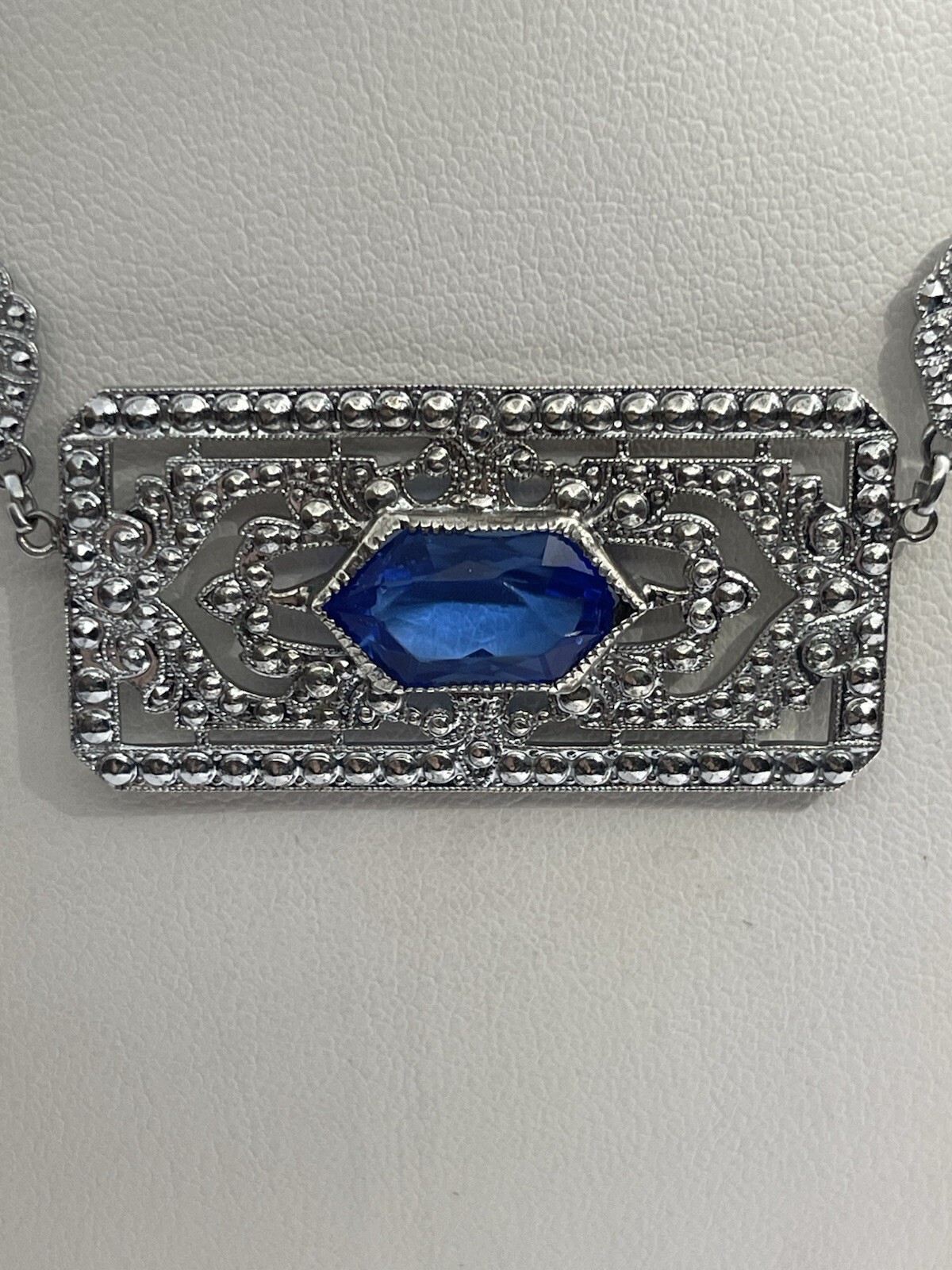 Antique Art Deco Blue Lozenge Shape Plaque Rhodium Plated Sterling Necklace