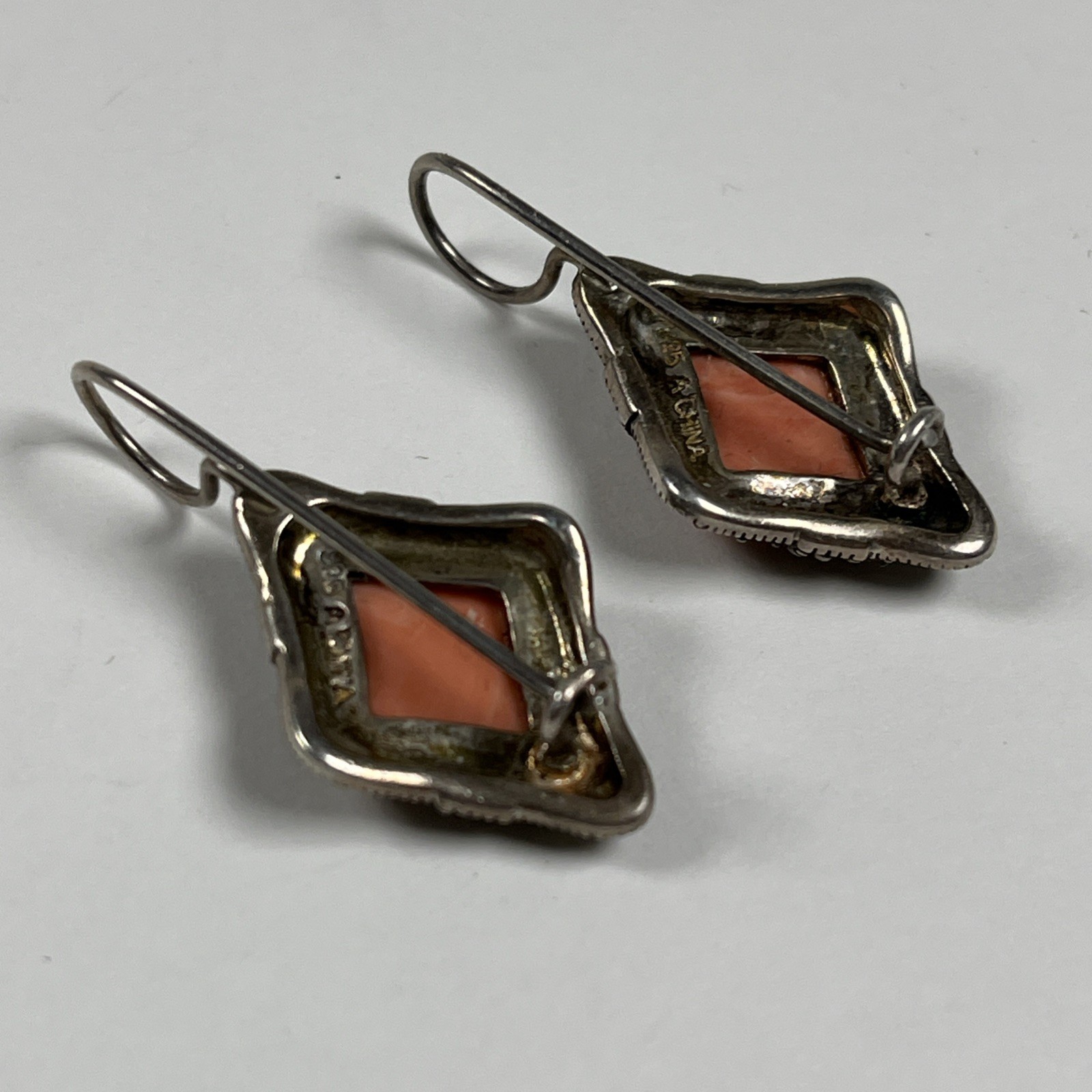 A 925 Vintage Sterling Silver 925 Marcasite Faux Coral Dangle Earrings 6.9g