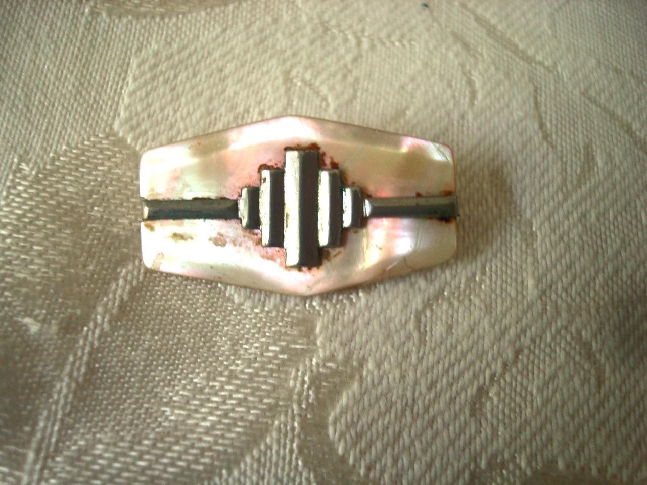 Vintage Art Deco Mother of Pearl Shell and Chrome Pin Brooch 3/4 x 1 1/4 In. KJ